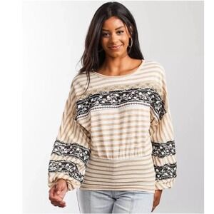 Gimmicks BKE Striped Lace Trim Dolman Sleeve Top Boho Blouse Women's Medium